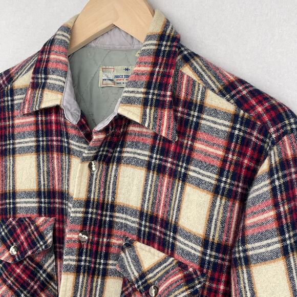 BRUCE JENNER Shirt Jacket Mens M Wool Blend Plaid Quilted Insulated Shacket Red - Picture 9 of 13